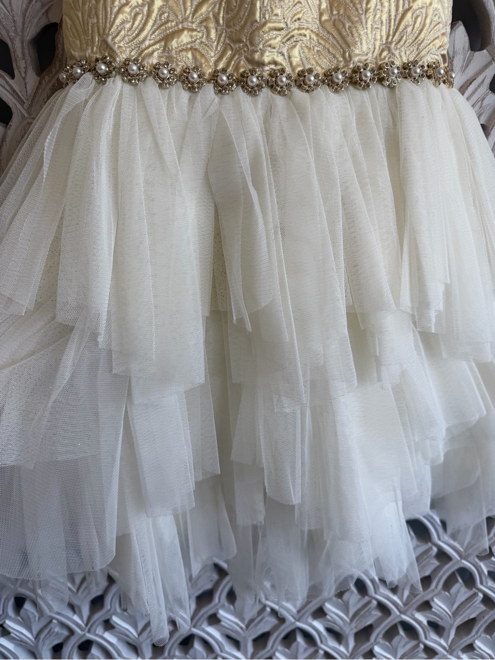 American Princess Girls Size 5 Gold Ivory Tulle Formal Dress - Picture 5 of 7